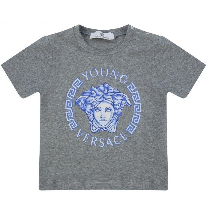 Grey and Blue Logo - Young Versace Baby Boys Grey T-Shirt with Blue Logo |Chocolate Clothing