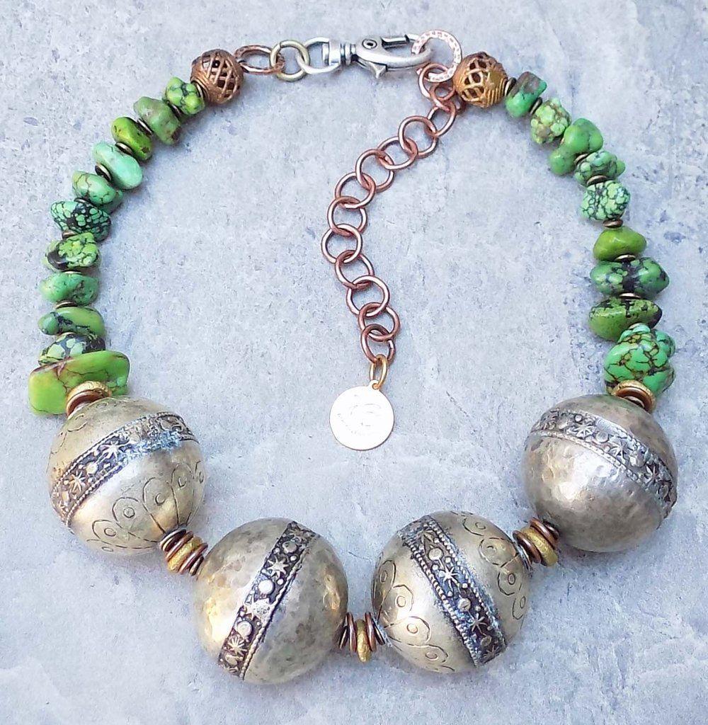 Green with Silver Ball Logo - Unique Green Turquoise & Berber Silver Ball Choker Statement Necklace