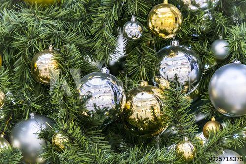 Green with Silver Ball Logo - Decoration hanging from a christmas tree. Gold and silver balls ...