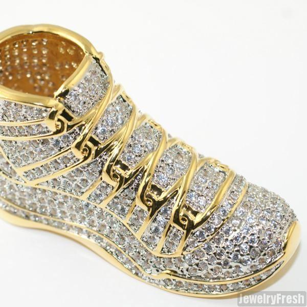 Diamond and Gold Jordan Logo - Gold 3D Fully Iced Jordan 11 Sneaker Pendant