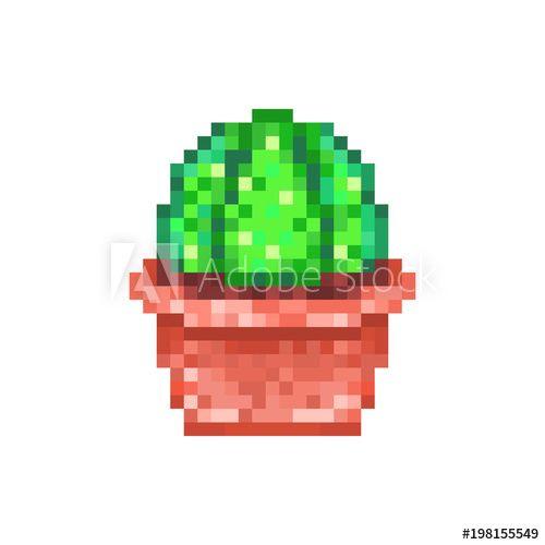 90s Green Flower Logo - Green cactus in red clay flower pot, pixel art icon isolated on ...