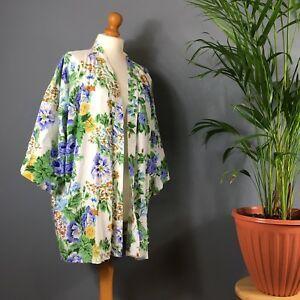 90s Green Flower Logo - Vintage 90s White Cotton Blue Yellow Green Floral Print Kimono Robe ...