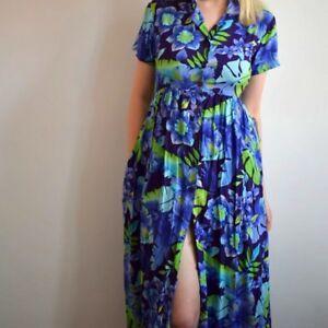 90s Green Flower Logo - Vintage 90s Purple Blue Green Floral Maxi Dress Size M 10 12 14 Leaf ...