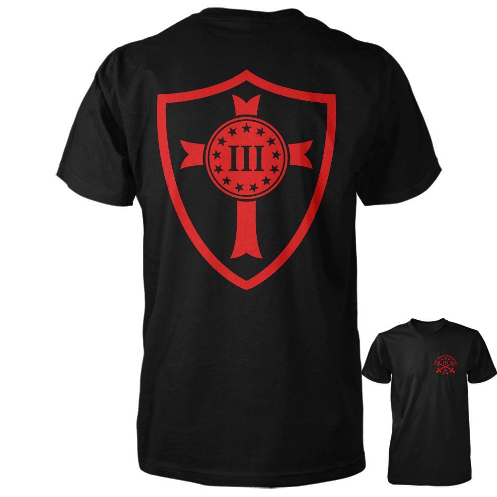 Black and Red Crusaders Logo - Three Percenter Shirt Shield. Back Print