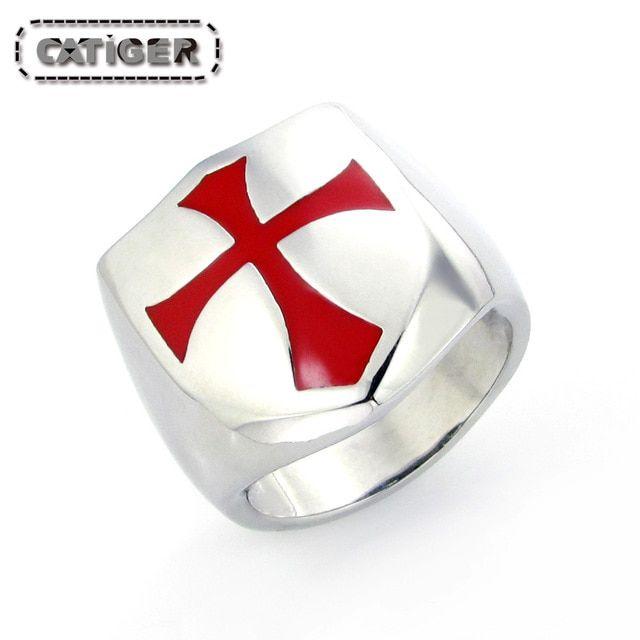 Black and Red Crusaders Logo - Punk Size 7 14# Stainless Steel Titanium Red Cross Shield Knight ...