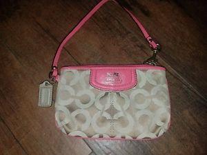 Coach Purse Logo - Small Coach purse light brown and tan logo with pink piping