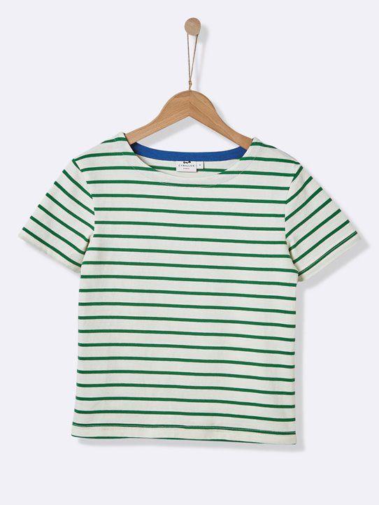 Green White Stripe with Logo - BOY'S SAILOR-STRIPE T-SHIRT - cream/green stripe, Boys
