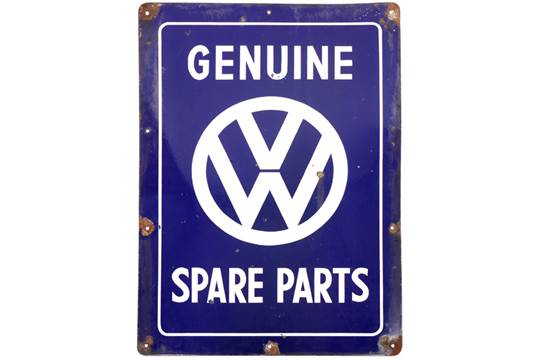 Rectangular Blue and White Logo - 1960s Advertising Sign, Genuine VW Spare Parts. A blue and white