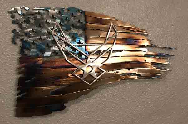 Metal Air Force Logo - Tattered American Flag with Air Force Logo