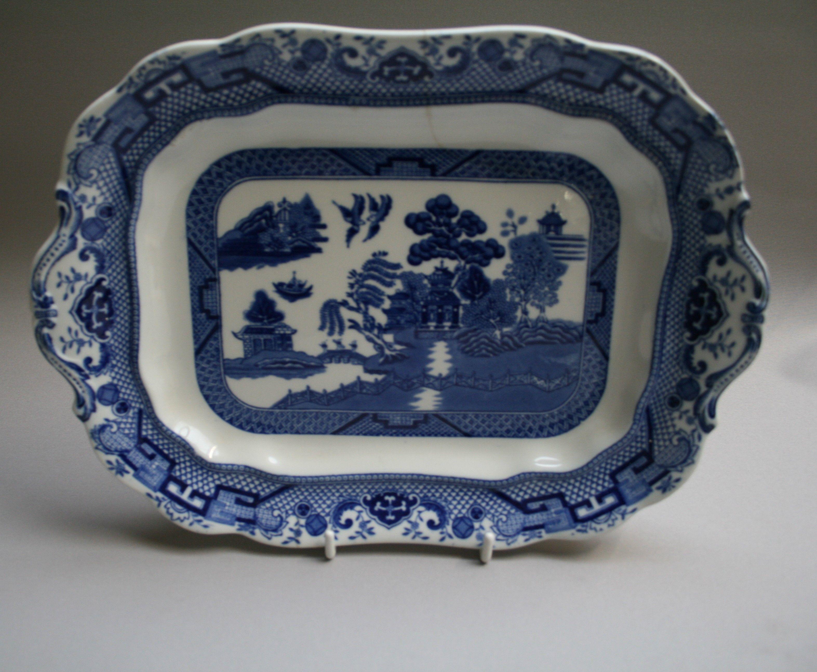 Rectangular Blue and White Logo - A heavy rectangular blue and white serving dish in the willow