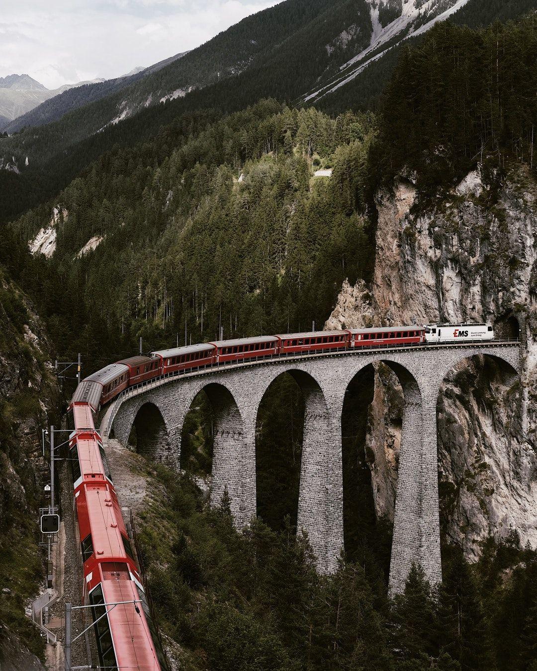 White Mountain Red Background Logo - Landscape Of Mountains With A Large Bridge And Red And White Train ...