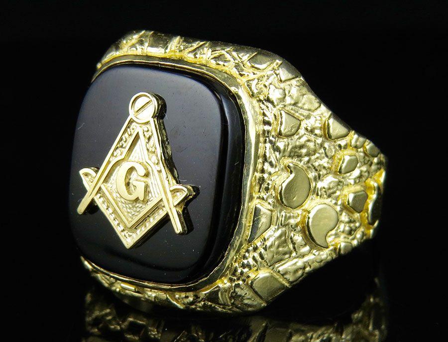 Black Yellow Ring Logo - Real 10K Yellow Gold Men's Masonic Logo Black Oynex Nugget Shank