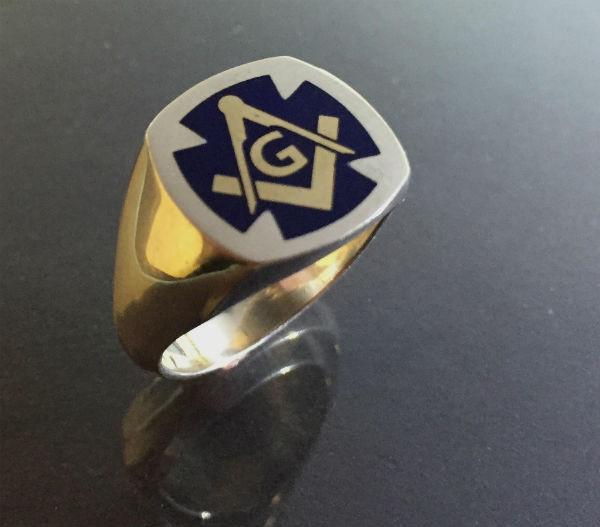 Black Yellow Ring Logo - Masonic ring 10Kts white gold, 10 yellow Kts gold logo and blue