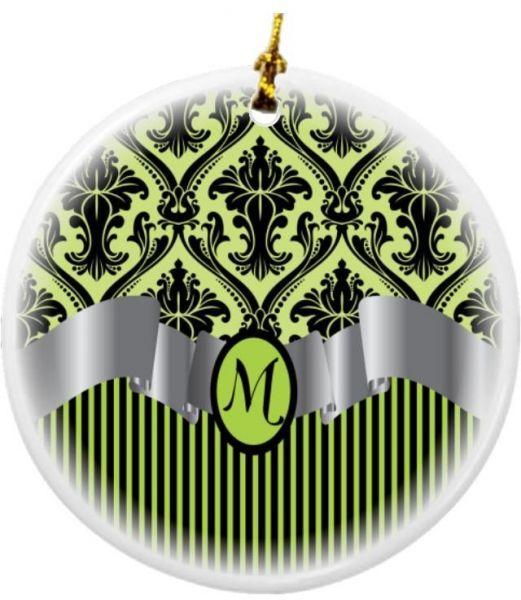 Lime Green M Logo - Rikki Knight Letter M Initial Lime Green Damask and Stripes
