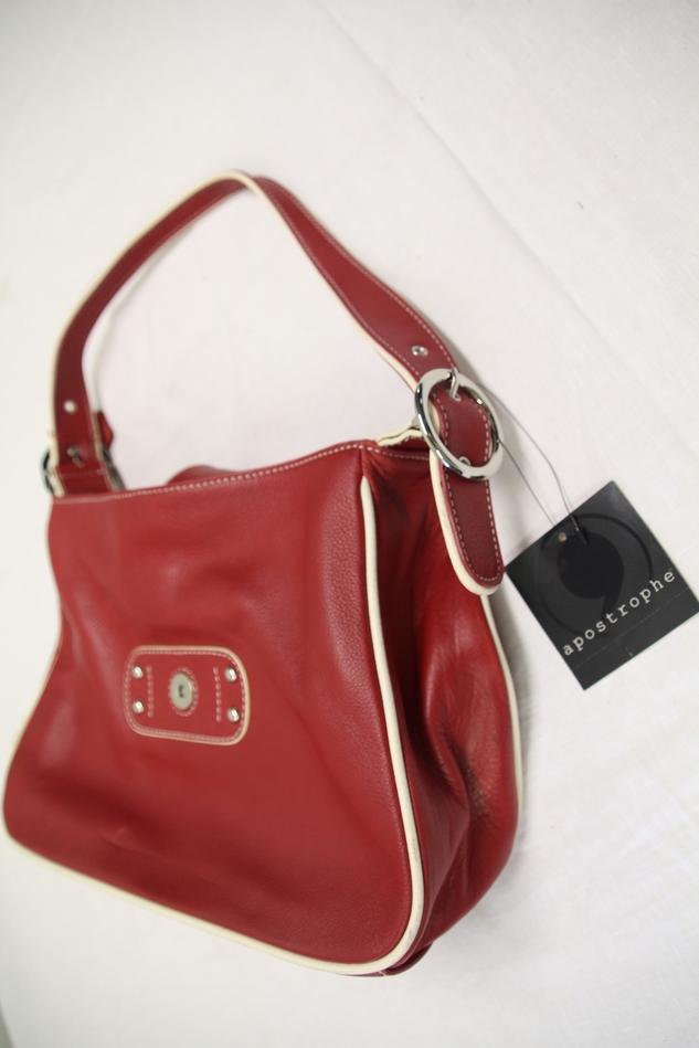 White with Red Apostrophe Logo - Apostrophe Red Leather Shoulder Bag w White Piping NWT