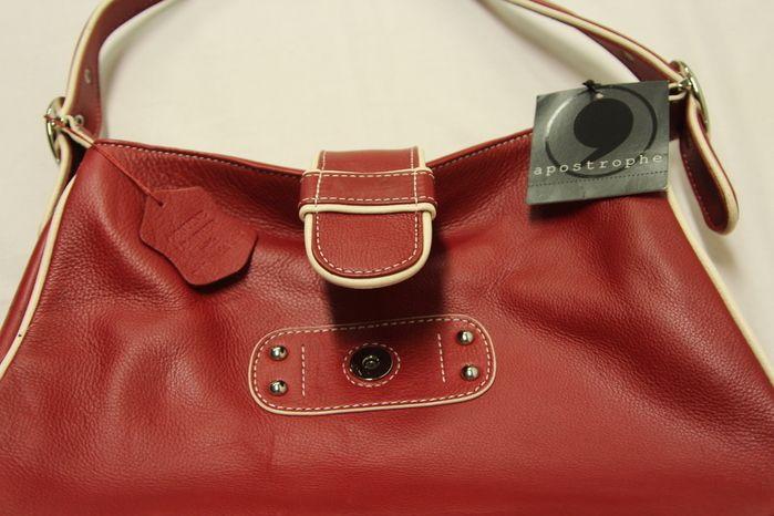 White with Red Apostrophe Logo - Apostrophe Red Leather Shoulder Bag w White Piping NWT