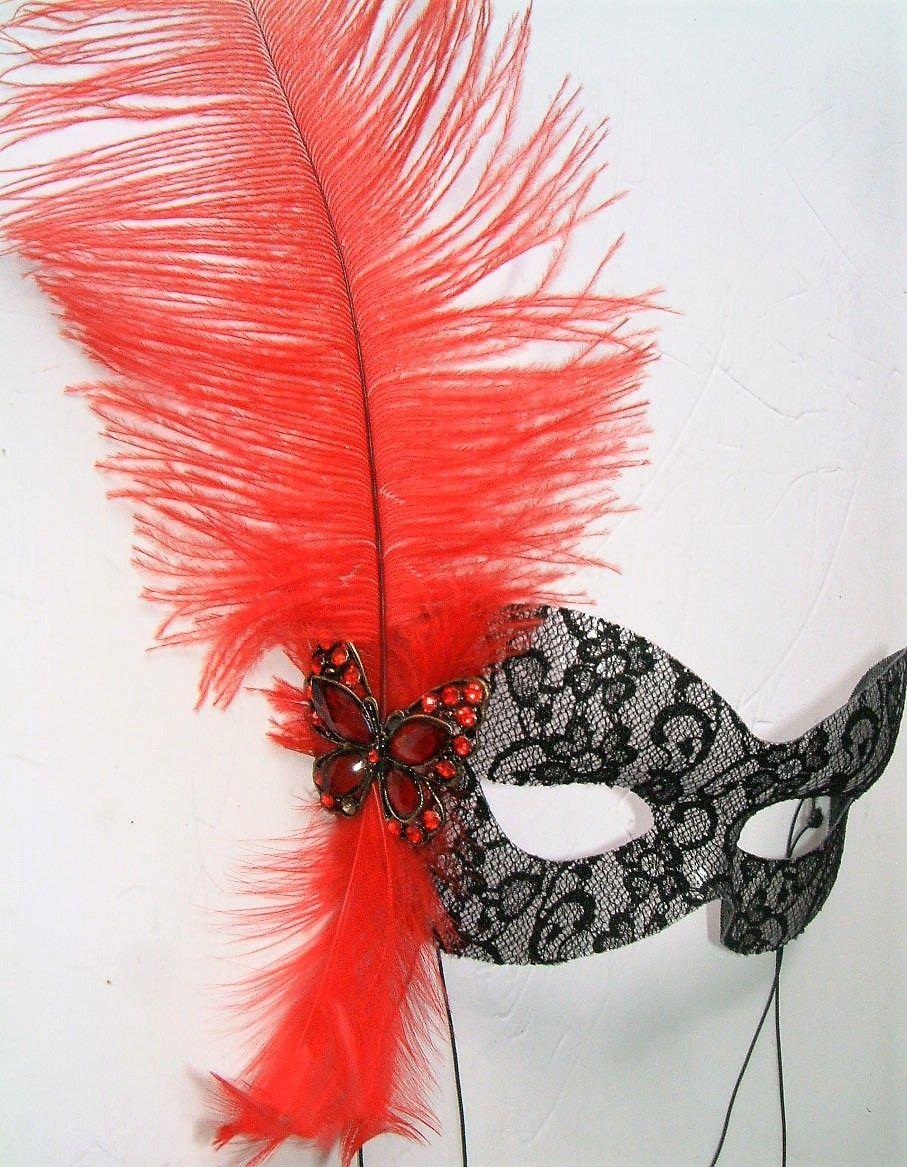 Red Ostrich Logo - BLACK LACE EYE MASK RED OSTRICH FEATHER BUTTERFLY MASK
