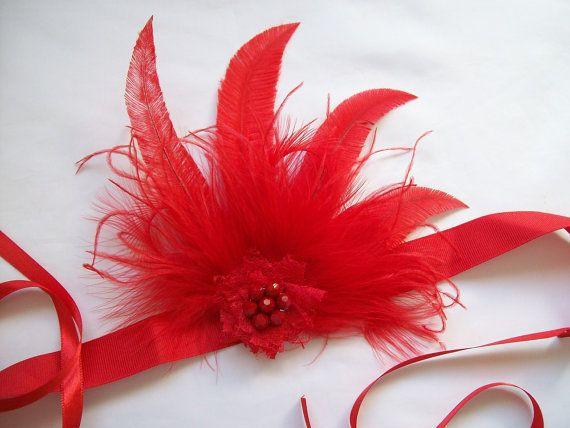 Red Ostrich Logo - Poppy Red Ostrich Feather Lace & Pearl 1920's Flapper Style Ribbon