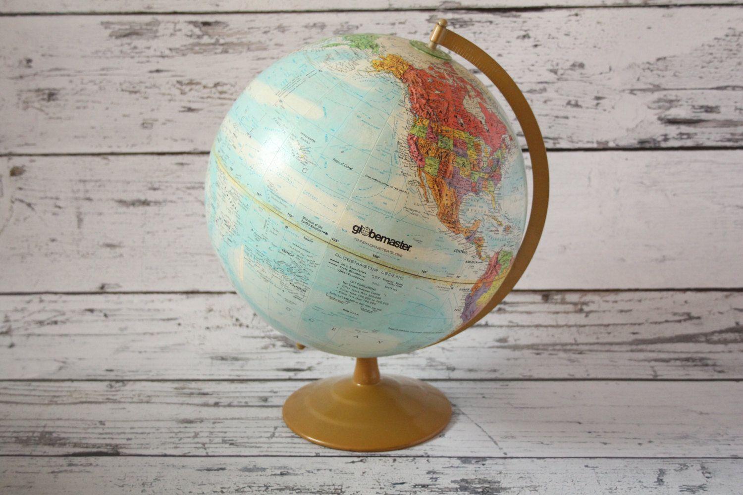 Baby Blue Globe Logo - Vintage Globemaster Globe World Map Light Blue Colored Brass Color