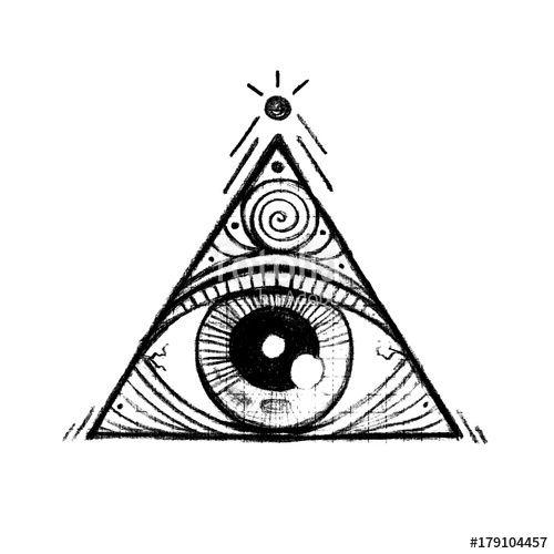 Black and White Triangle with Eye Logo - A pyramid with a eye inside. Hand drawn isolated symbol. Magic ...