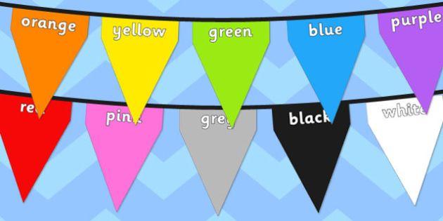 Name Blue Red Yellow-Green Logo - Colours on Bunting, names, red, orange, yellow, green, blue