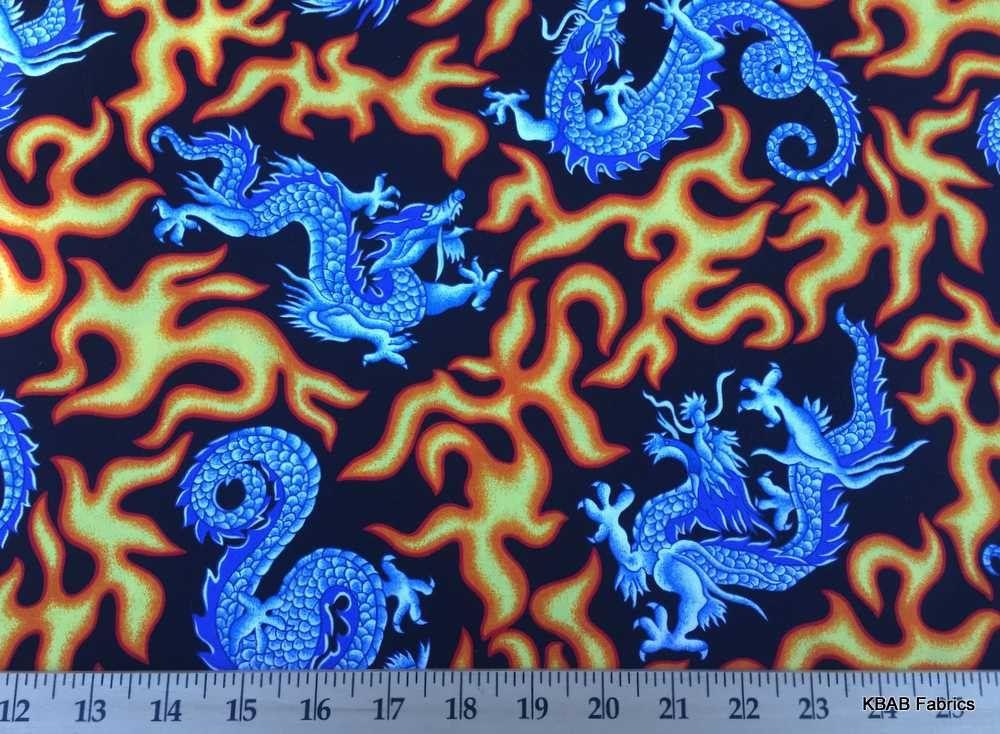 Chinese Blue Dragon Logo - Chinese Blue Dragon Flames Fire Dragon Fabric Boys Cotton Fabric | eBay