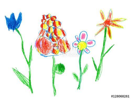 Crayon Flower Logo - Pencil and crayon kid`s drawn colorful flowers on white. Child`s