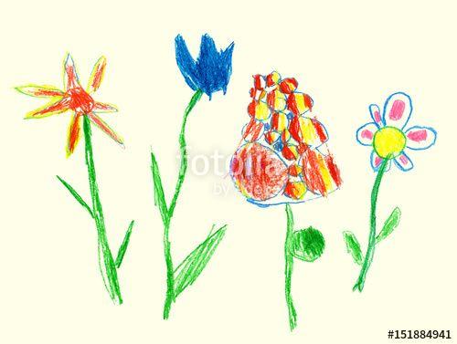 Crayon Flower Logo - Pencil and crayon like kid`s drawn colorful flowers on beige. Like