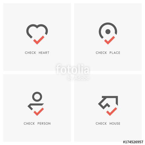 Place Logo - Check mark logo set. Heart, place pointer, person and house or home