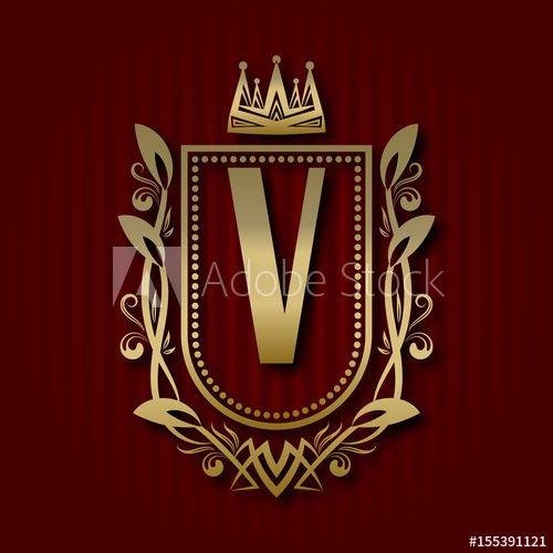 Golden V Logo - Golden royal coat of arms in medieval style. Vintage logo with V ...