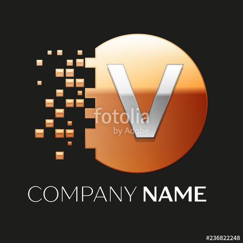 Golden V Logo - Realistic Silver Letter V logo symbol in the golden colorful pixel