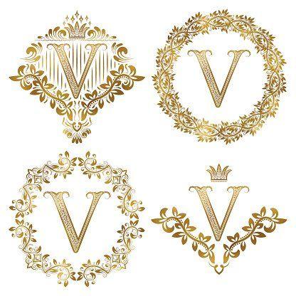 Golden V Logo - Golden V Letter Vintage Monograms Set stock vectors