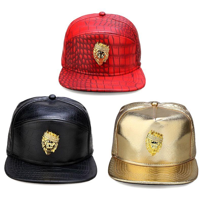 Red with Gold Lion Crown Logo - Black Red Hip Hop Hat For Men PU Leather Gold Rhinestone Bone ...