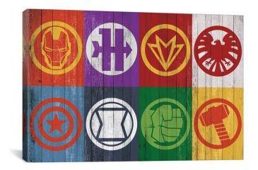 Falcon Marvel Logo - iCanvas Avengers Assemble: Colored Wood Classic Badge Art Line-Up ...