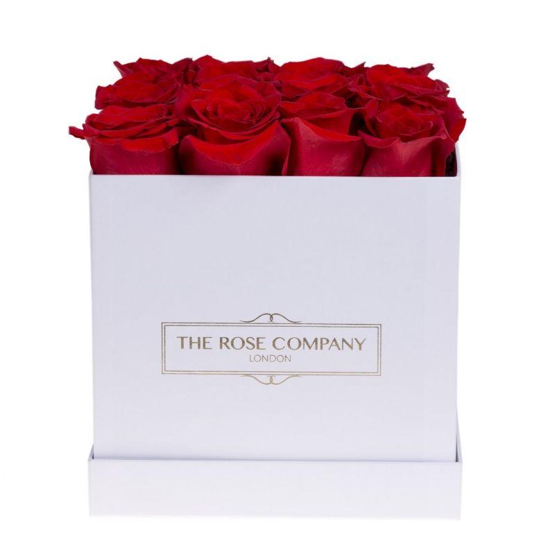 Red Box with White Square Logo - Roses in box London. Square white box with red roses.