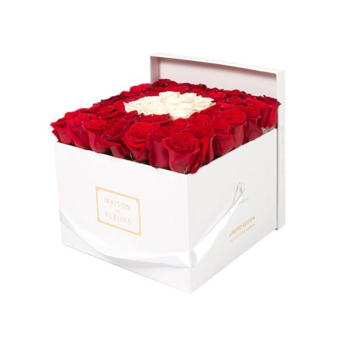 Red Box with White Square Logo - Red Roses in Big Square Box