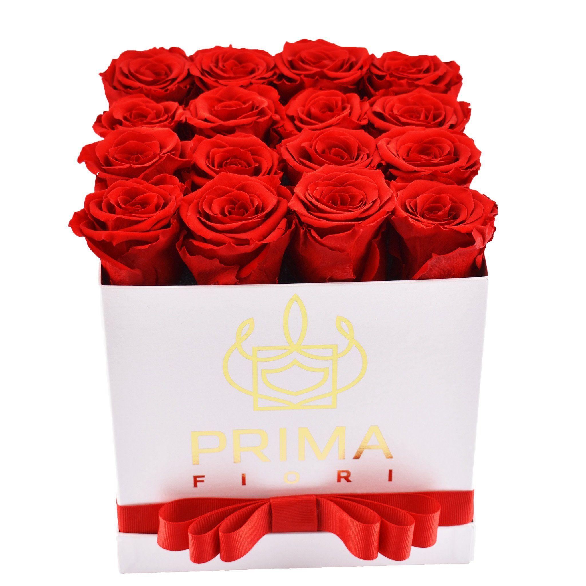 Red Box with White Square Logo - Red Preserved Roses. Medium White Square Box
