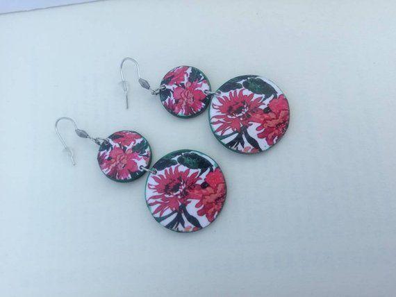 Red Flower in a Blue Circle Logo - Red flower earrings, statement jewelry, double circle earrings, summer jewelry, flower earrings, pendulous earrings, gift