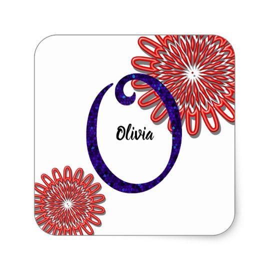 Red Flower in a Blue Circle Logo - Unique Blue Mosaic Letter O Monogram Red Flowers Square Sticker