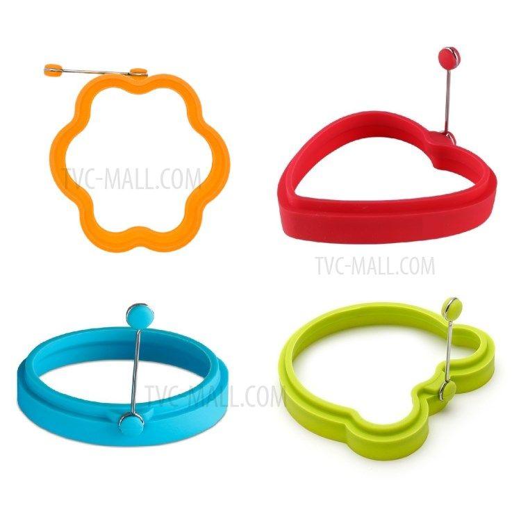 Red Flower in a Blue Circle Logo - Purchased Nonstick Silicone Fried Egg Mold Set for Cooking - Orange Flower  + Red Heart + Blue Circle + Green Bear