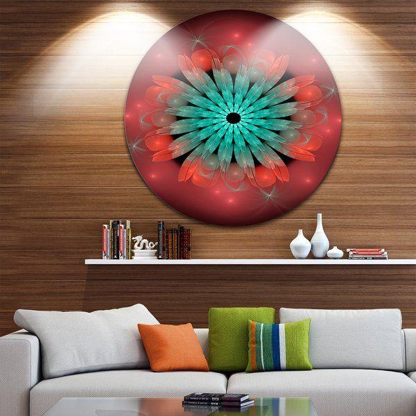 Red Flower in a Blue Circle Logo - Designart 'Fractal Blooming Blue Red Flower' Floral Art Round Metal Wall Art