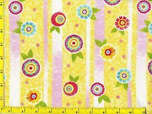 Red Flower in a Blue Circle Logo - Red Yellow Blue Circle Flowers on Yellow Stripes Quilting Fabric