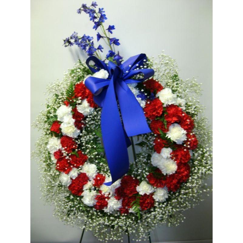 Red Flower in a Blue Circle Logo - Red, White and Blue Wreath SYW101 Doss Flowers and Gifts & All A ...