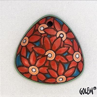 Red Flower in a Blue Circle Logo - Golem Studio - Ceramic Beads - Pale Red flowers flowers on blue