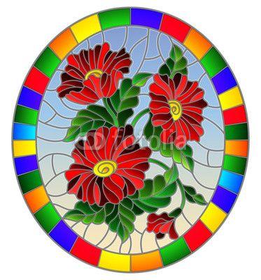 Red Flower in a Blue Circle Logo - Illustration in stained glass style with a branch of a flowering