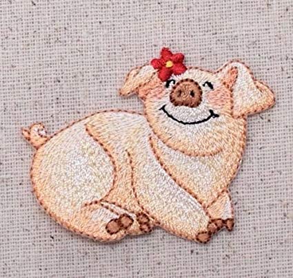 Red Daisy Logo - Logo Patch Embroidered)Smiling Farm Pig Red