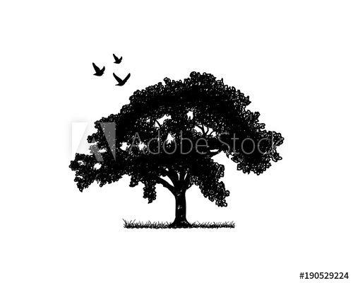 Tree Bird Logo - Black Oak Tree with Flying Birds Illustration Silhouette Logo Symbol