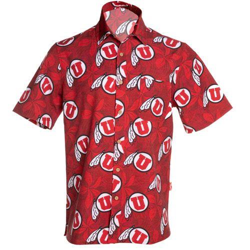 Red Hawaiian Logo - Athletic Logo Hawaiian Print Short Sleeve Button Down. Utah Red Zone