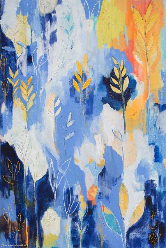 Blue Yellow Leaf Logo - Print of Soothing Blue and Yellow Leaves Original Acrylic Painting