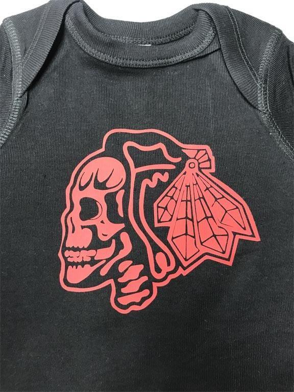 Red and Black Hawk Logo - Chicago Blackhawk Skull Hockey Logo Onesie
